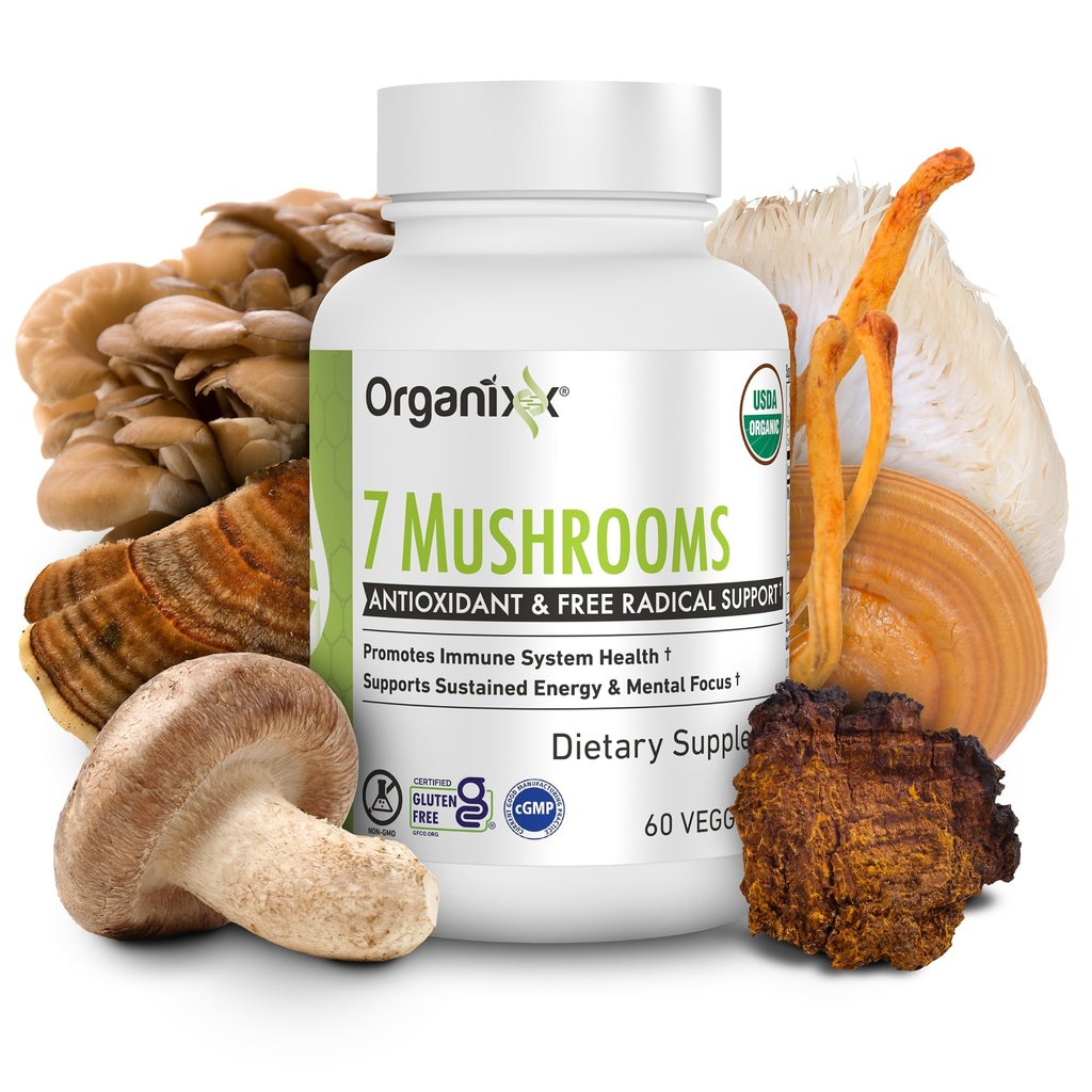 Organixx USDA Organic Mushroom Supplement, 7 Fermented Mushrooms - Lions Mane, Shiitake, Cordyceps, Tyrkiet Tail, Reishi - for immun- og fordøjelsesstøtte, 60 vegetariske kapsler