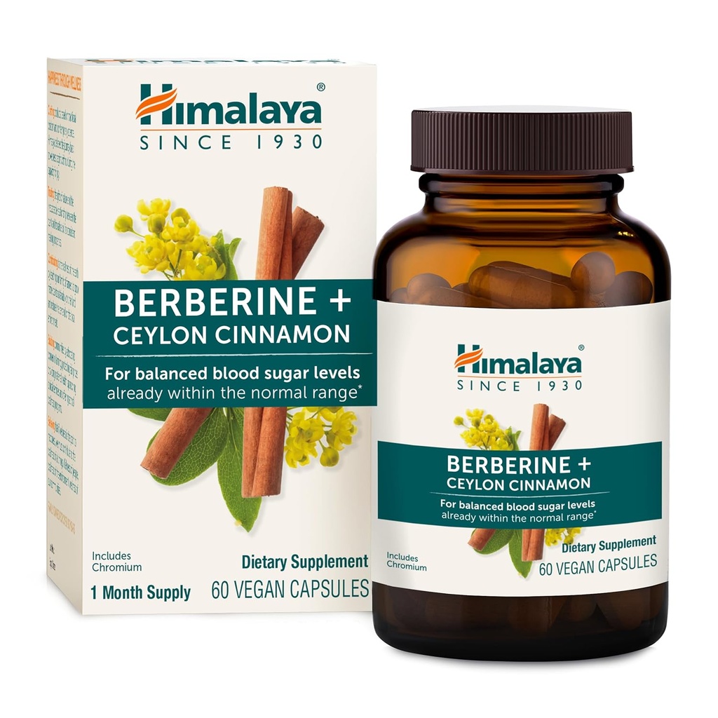 Himalaya Berberine med Ceylon Kanel - Urtetilskud til støtte for normal metabolisme, immunforsvar og fordøjelsessygdomme - Vegan, Gluten Free, 60 vegetariske kapsler