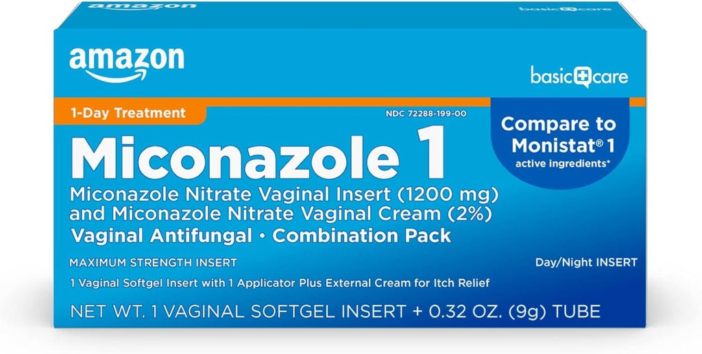 Basic Care Miconazole Nitrate Vaginal Indsæt 1200 mg og Miconazole Nitrate Cream 2 Kombination Vaginal Gær Infektion, Hvid, 0,32 Ounce (Pack of), 1 Greve