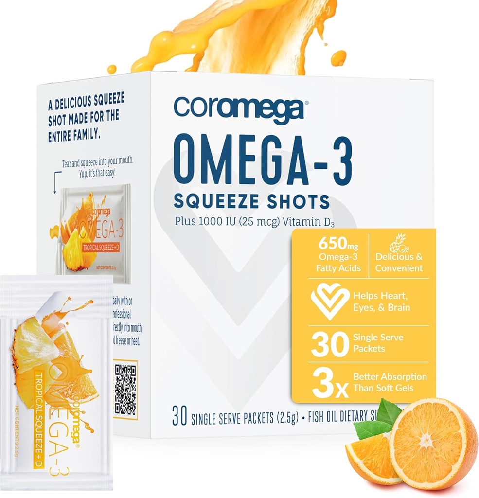 Coromega Omega 3 Fish Oil Supplement med ekstra D3-vitamin, 650mg Omega- 3s med 3X bedre Absorption End Softgels, Tropical Orange Flavor, 30 Single Serve Squeeze Packets
