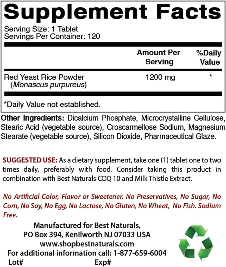 Bedste Naturals Red Yeast Rice Cholesterol Support 1200 mg & Vitamin B12 6000 mcg