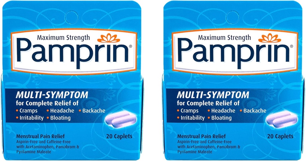 Pamprin Multi- symptom Formel, med Acetaminophen, Menstruelle Periode Symptomer Relief herunder kramper, smerte, irritabilitet og bloating, 20 kapsler (pakke med 2)