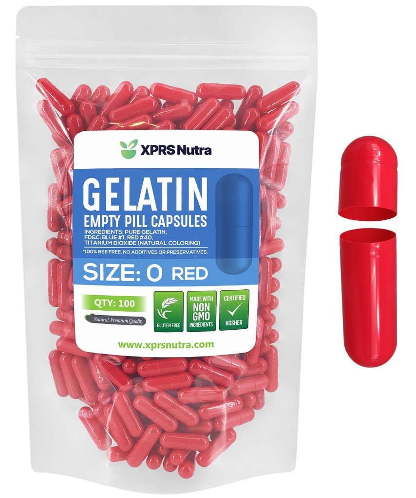 XPRS Nutra Size 0 Empty Capsules - 100 Count Empty Gelatin Capsules - Pills DIY Capsule Filling - Pure Bovine Fillable Pill Gel Caps for Do-It-Yourself Supplements (Red)