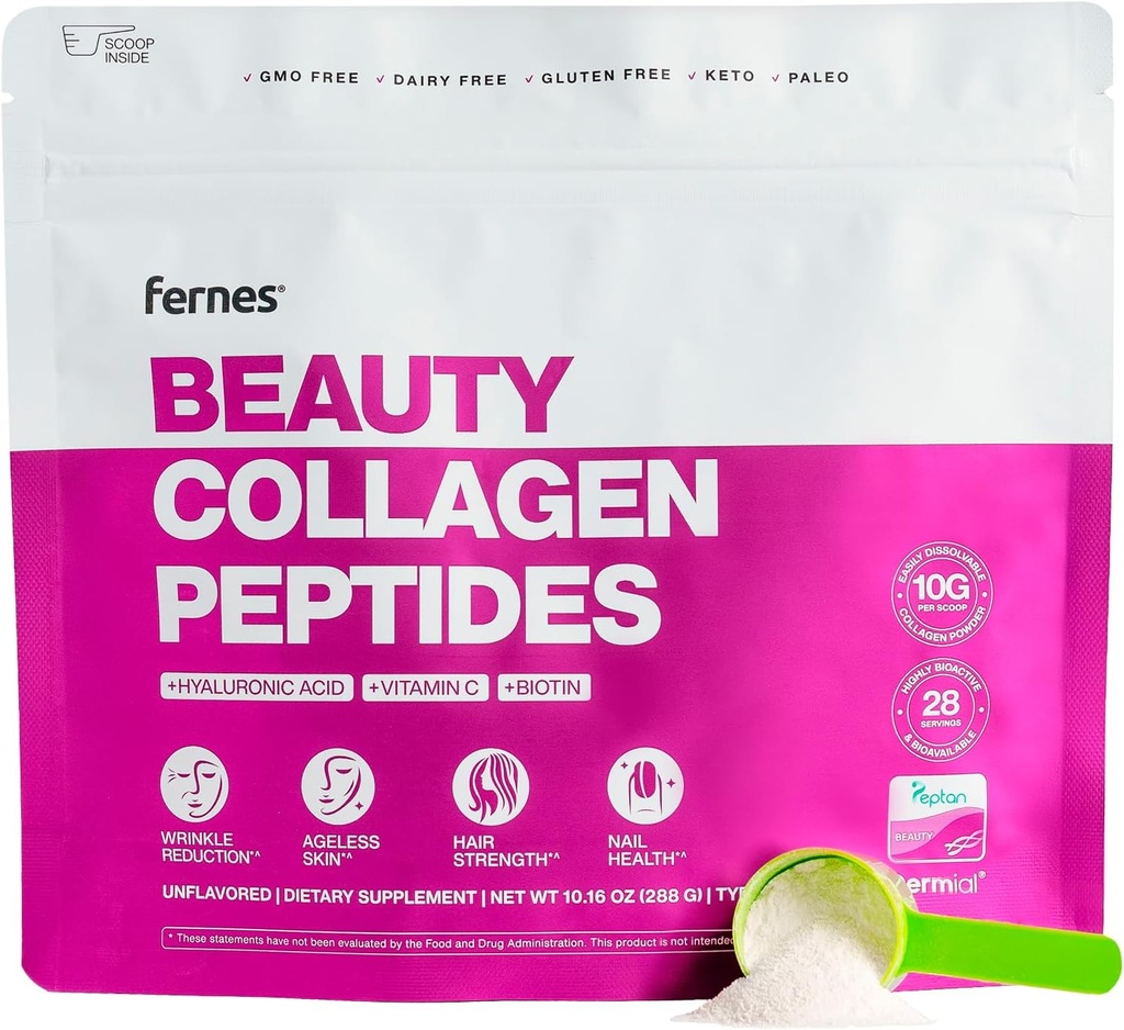 Avanceret collagen peptider pulver til kvinder - Hyaluronsyre, biotin & C-vitamin, hydrolyseret protein hår, hud, negle & fælles støtte - Græs Fed type I & III Keto, Paleo, Kosher 9.88 oz Unflavored
