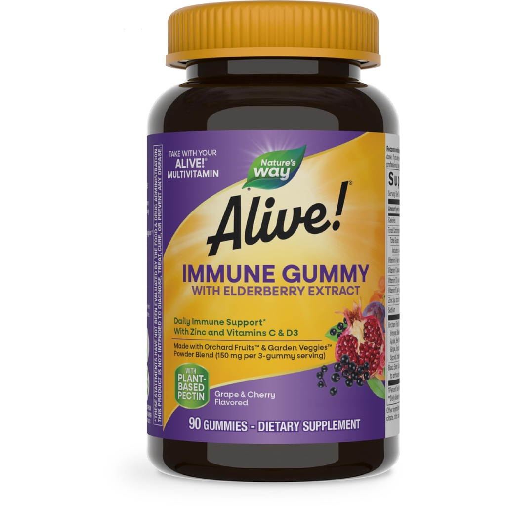 Naturen er i live! Immunstøtte * Gummies med Elderberry Extract, Vitamin C & D3, Zink, No Gluten, Grape & Cherry Flavored, 90 Vegetar Gummies (Packaging May Vary)