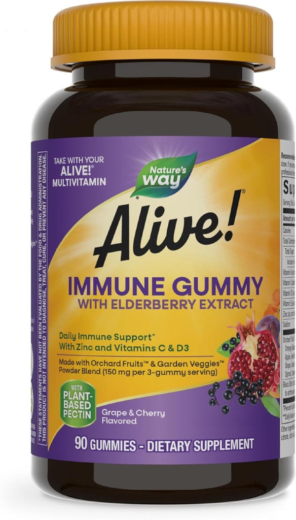 Naturen er i live! Immunstøtte * Gummies med Elderberry Extract, Vitamin C & D3, Zink, No Gluten, Grape & Cherry Flavored, 90 Vegetar Gummies (Packaging May Vary)