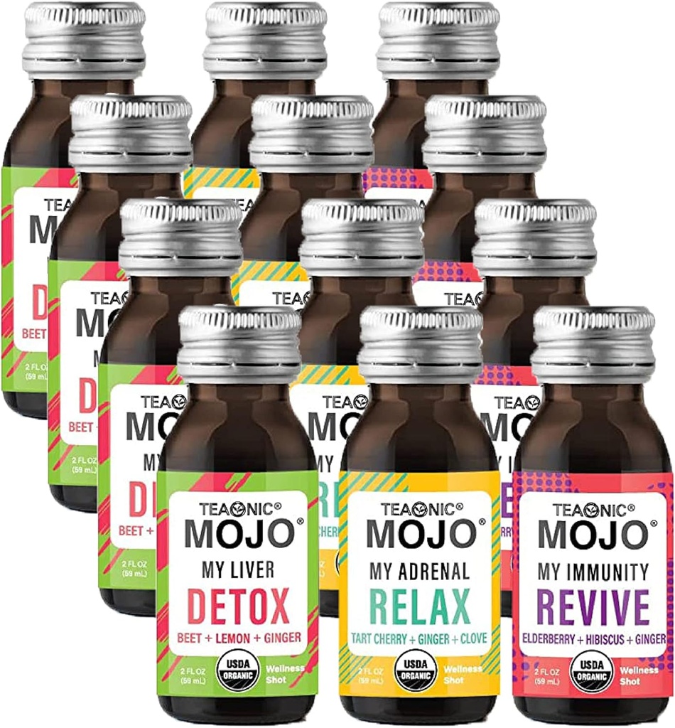 TEAONIC Wellness Shots - Variety Pack: Slap af, Revive, Detox Shots, USDA- Certified Organic Wellness Shots, 12 Pack, 2 Fl. Oz Hver