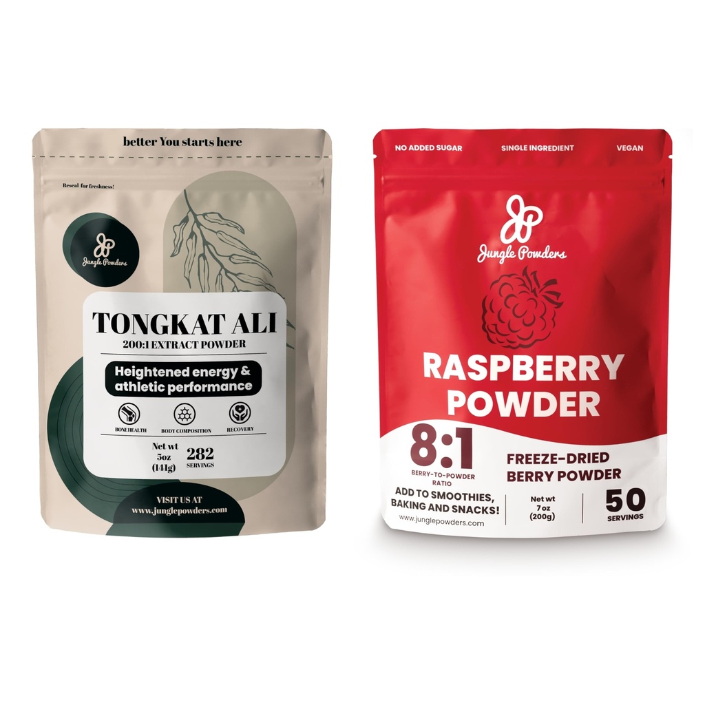 Jungle Powders Premium 5oz Tongkat Ali & Freeze- Tørret 7oz Raspberry Bundle - Eurycoma Longifolia pulver supplement til mænds sundhedsstøtte parret med Usødet rød superfood ekstrakt til bagning