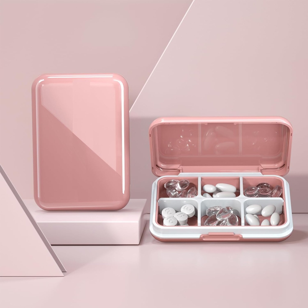 Pill Box Vandtæt rejse Pill sag Portable Daily Pill Container Pill Holder Purse 6 Compartments Pocket Compact Medicine Organizer for Vitamin, Fiskeolier, Kosttilskud, Medicin (Stor Pink)