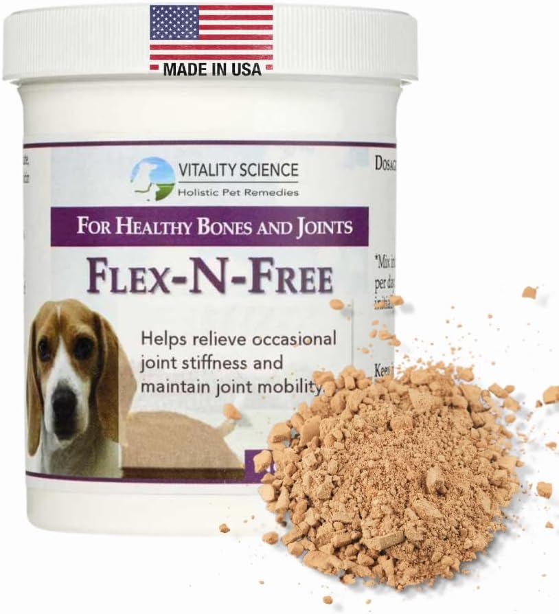 Vitality Science Flex N Free for Dogs against 124; Promodes Sunde Bones & Joints against 124; Relieves Stifness against 124; Beholder fælles mobilitet 124; Reducerer inflation against 124; Builds Bone Tissue against 124; 100% sikker & Natural (120g)