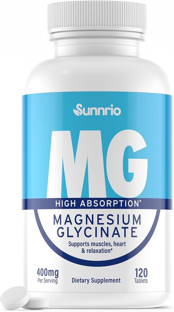 Magnesium Glycinat Supplement - 400mg per servering - Høj Absorption, Understøtter muskler, hjerte sundhed, søvn, og afslapning * - Non- GMO, Gluten- fri, Vegan- Friendly - 120 tabletter