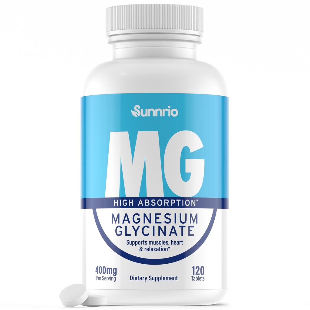 Magnesium Glycinat Supplement - 400mg per servering - Høj Absorption, Understøtter muskler, hjerte sundhed, søvn, og afslapning * - Non- GMO, Gluten- fri, Vegan- Friendly - 120 tabletter