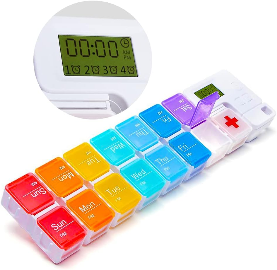 7 Day Medicine Pill Organizer, 4 Reminder Alarmer, Kraftig lyd, 14 store afdelinger, Stor skærm, Fugtighedsbevis, Rejser Weekly / Daily Pill Box / Organizer / Case / Container / Dispenser, AM / PM 2 gange om dagen