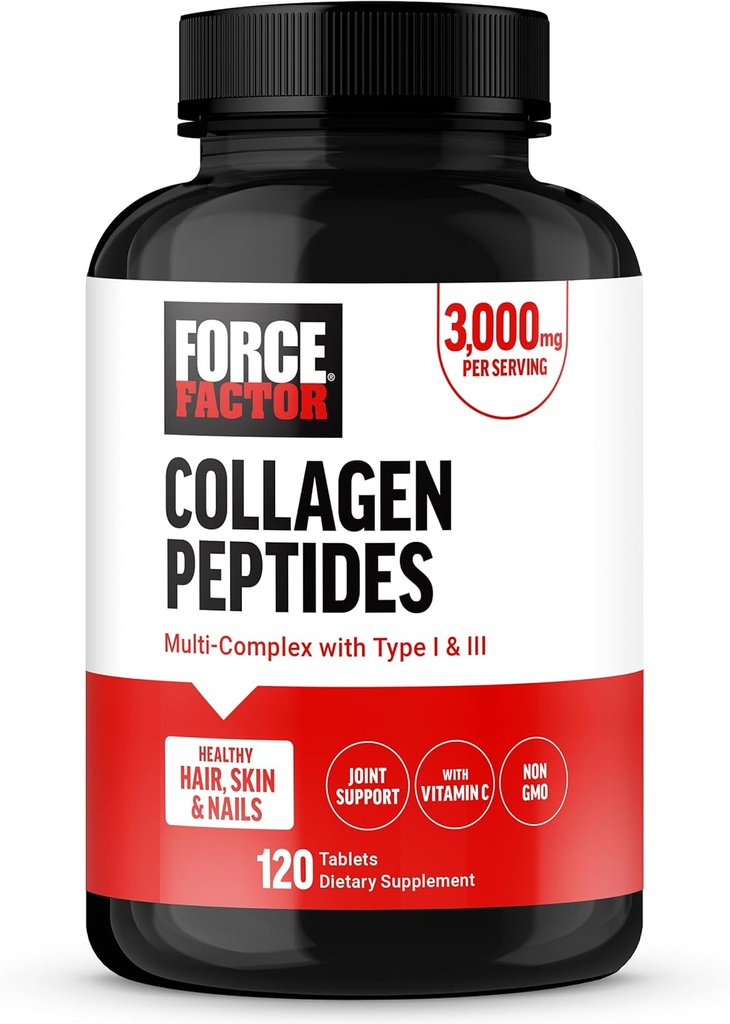 FORCE FACTOR Collagen Peptider, Collagen for kvinder og mænd Lavet med hydrolyseret Bovin Collagen type 1 & 3 for sundt hår, hud, negle, & Joints, Premium kvalitet, non-GMO, 120 Collagen piller