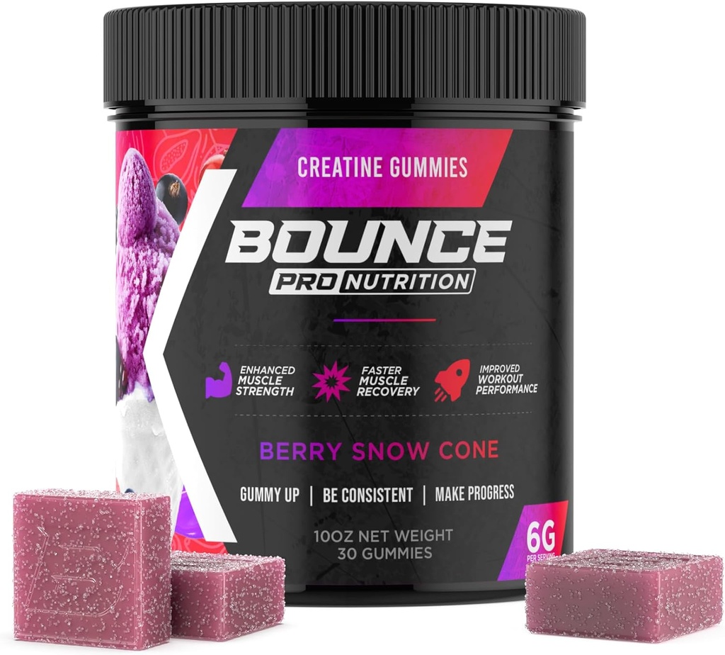 Bounce Pro Creatine Monohydrate Gummies for Mænd & Kvinder, lav kalorie, 6G Creatine per Serving, Vegan, Anti- Smeltning, Gluten- Free, Non- GMO, 2g Creatine per Gummy (30ct, Berry Snow Cone)
