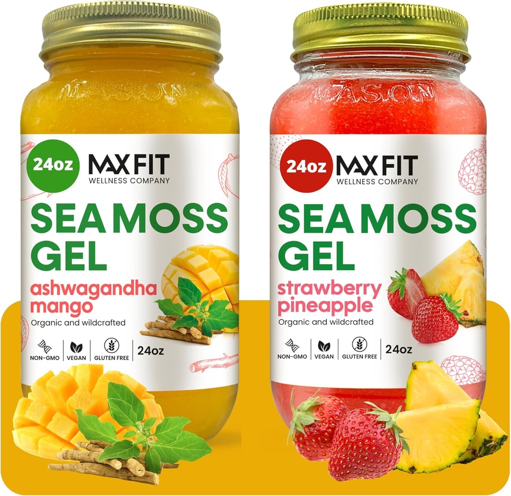 Sea Moss Gel Organic Raw (Bundle of 2 Jars 24oz) Ashwagandha Mango and Strawberry Pineapple Wildсrafted Gold Sea Moss Gel 124; 92 Vitamin og mineraler Buddy 124; Pure Raw + Non- GMO Buddy 124; Vegan Superfood