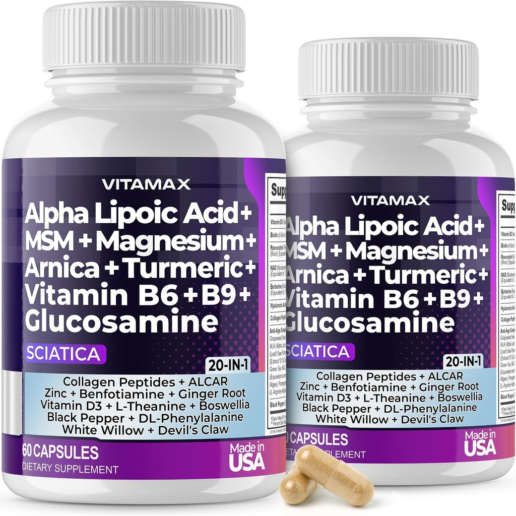Sciatica Nerve Health Support - Sciatic Nerve Supplement kapsler med folinsyre, Pea, Glucosamin, MSM, vitamin B Complex, Alpha Lipoic Acid 300mg - Made in USA (60 Count (Pack of 2))
