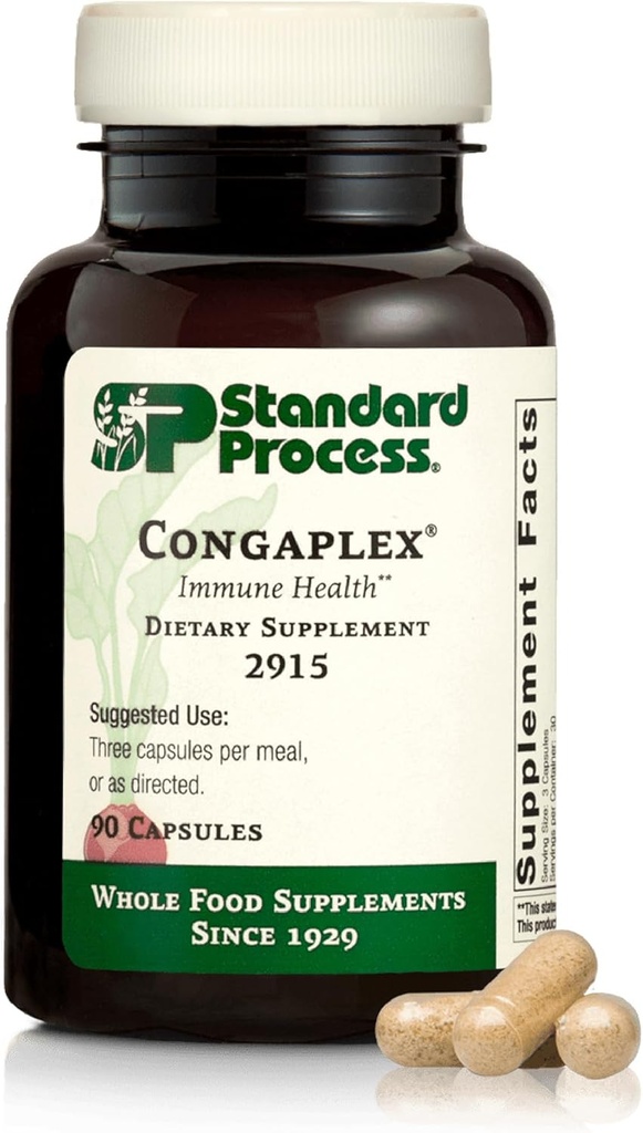 Standard Process Inc. Congaplex, Thymus Gland Support, Support immunforsvar med calciumlactat, Magnesium, C-vitamin & A-vitamin, immunsystem Støtte med champignon pulver - 90 kapsler