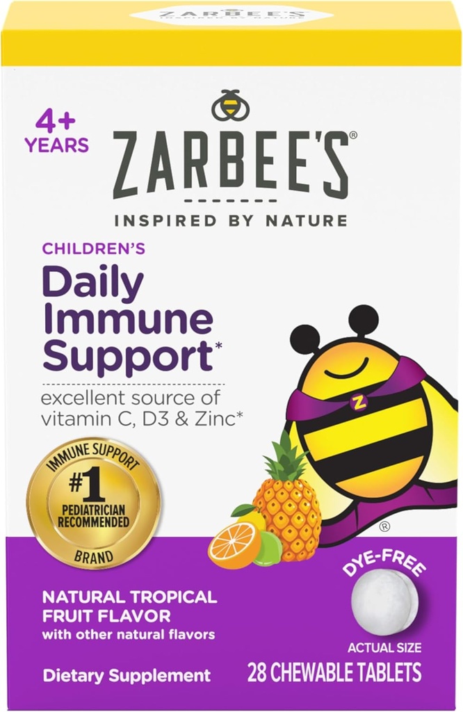 Zarbee 's Kids immunforsvar, C-vitamin, D & Zink Daglig Immunitet Vitaminer for børn 4 + År, Natural Tropical Fruit Flavor, 28 tyggetabletter