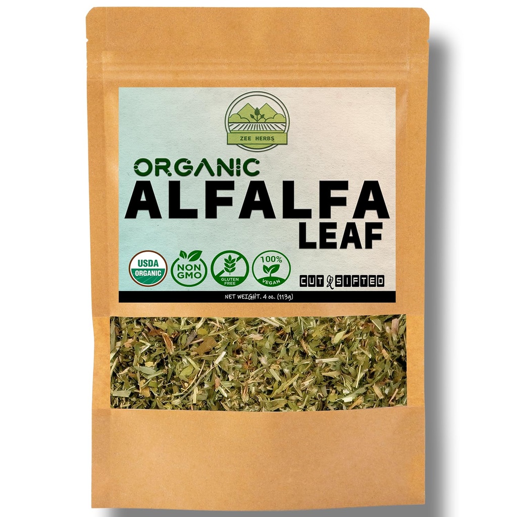ZeeHERBS Organic Alfalfa Leaf 4 oz. (113g) Pack, USDA Certified Organic Alfalfa Leaf Herb Loose Leaf Tea, Premium kvalitet Medicago Sativa Herb, Cut & Sifted, Alfalfa Tea Leaves