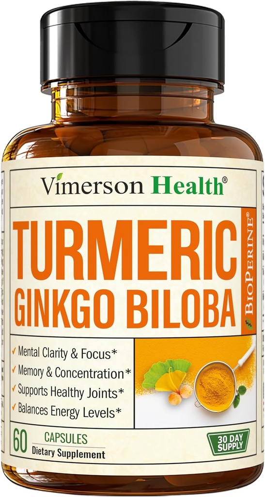 Ginkgo Biloba og gurkemeje supplement med sort peber & organisk tumerisk - naturlige gurkemeje supplement til fokus, hukommelse, fælles & hjerne sundhed - 60 Vegan Ginko Biloba kapsler med Curcuma