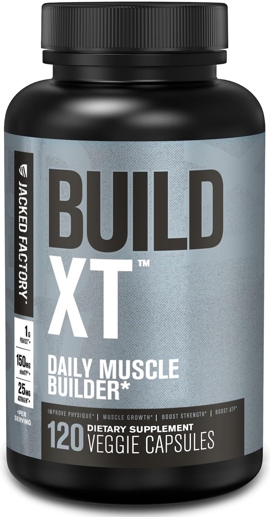Jacked Factory Build-XT Daily Muscle Builder & Performance Enhancer - Muscle Building Supplement for Muscular Strength & Growth | Trademarked Ingredients Peak02, ElevATP, & Astragin - 120 Veggie Pills