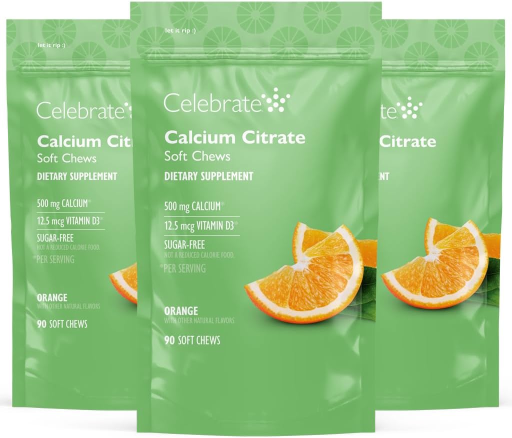 Celebrate Vitamin Bariatric 500 mg Calcium Citrate Soft Chews med 500 IE D3 Vitamin - Essential for Gastric Bypass Patienter & Knoglesundhed - Sugar & Gluten Free, Orange (270 Chews)