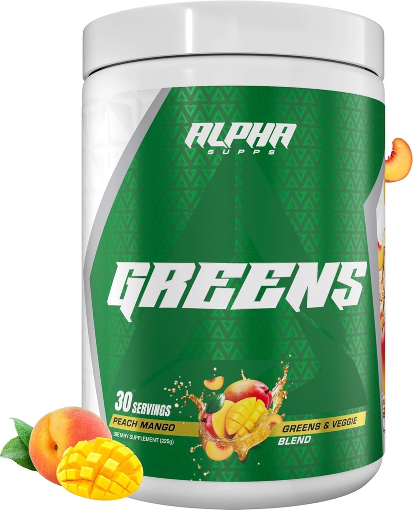 Alpha supps - Alpha grønne tillæg minus 124; Frugt & Vegetabilsk superfood pulver ekskl. 124; Over 40 Naturlige Plante baserede ingredienser ekskl. 124; Prebiotic & Probiotic fordøjelsesfremmende Support Blend - 30 Serveringer (Peach Mango)