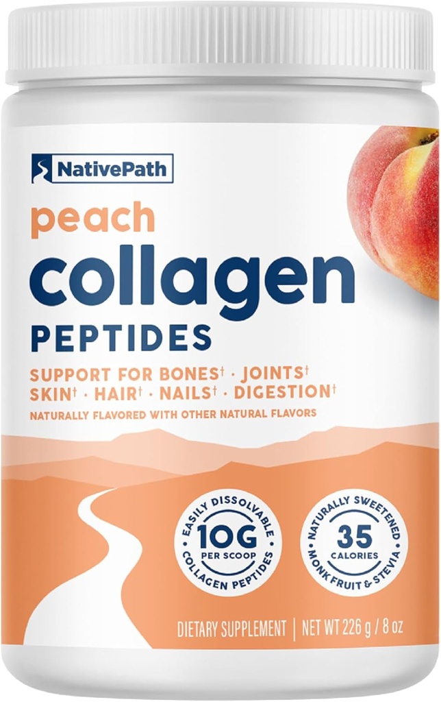 NativePath Collagen Peptider - Hydrolyzed Type 1 & 3 Collagen. Keto & Paleo Grass- Fed Protein Powder for Hår, Hud, Nails, Bones, Joints, fordøjelse og mere - ingen gluten eller mælk (Peach, 226g)