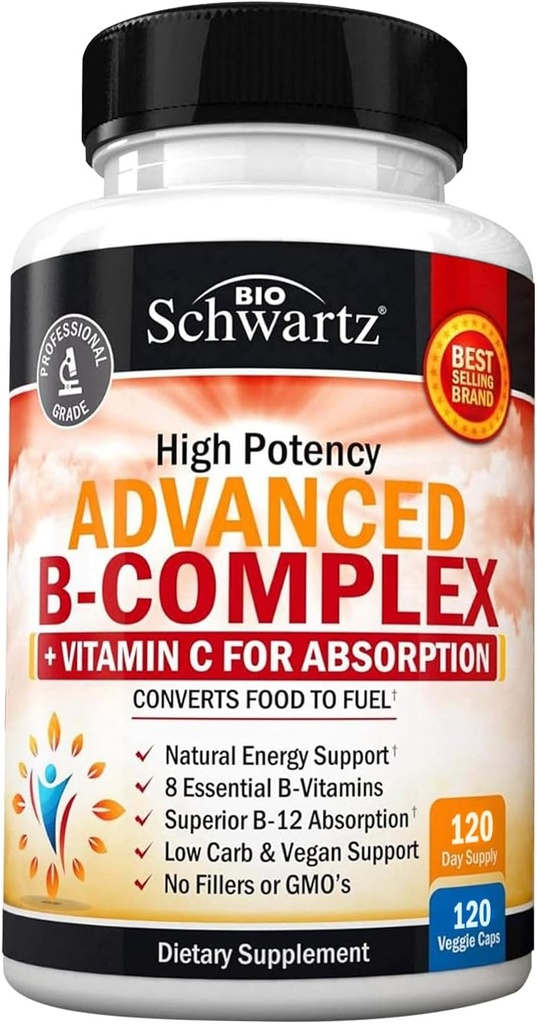 Vitamin B Kompleks med C-vitamin for maksimal absorption - Methylcobalamin b12 & Folate folinsyre tillæg - B1 B2 B3 B5 B6 B7 B9 for immunenergi & nervesystem support - non-GMO, 120 tæller