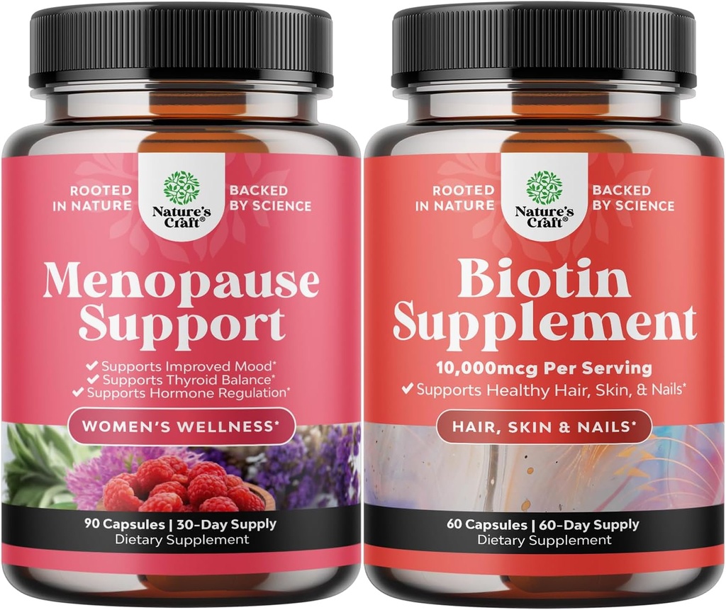 Bundle af komplet urtemedicin supplement til nat sveder & mad med Dong Quai Vitex Chaste Berry & Black Cohosh og Pure biotin piller til skinnende tykt hår vækst - Få klar hud stærke negle
