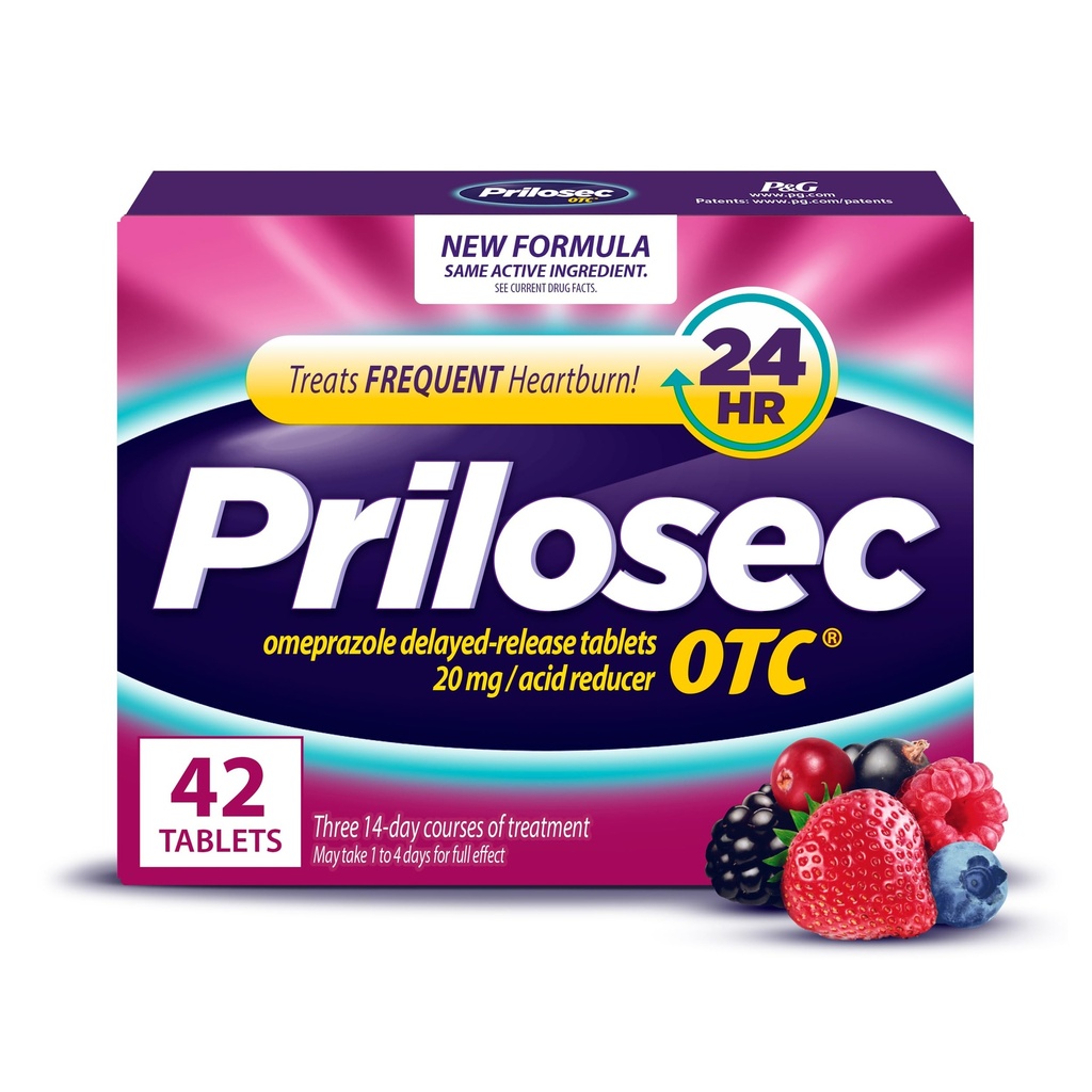 Prilosec OTC, Omeprazol Delayed Release 20mg, Acid Reducer, Treats Frequent Heartburn for 24 Hour Relief, All Day, All Night *, Heartburn Medicine, 20mg, Wildberry Flavor, 42 tabletter