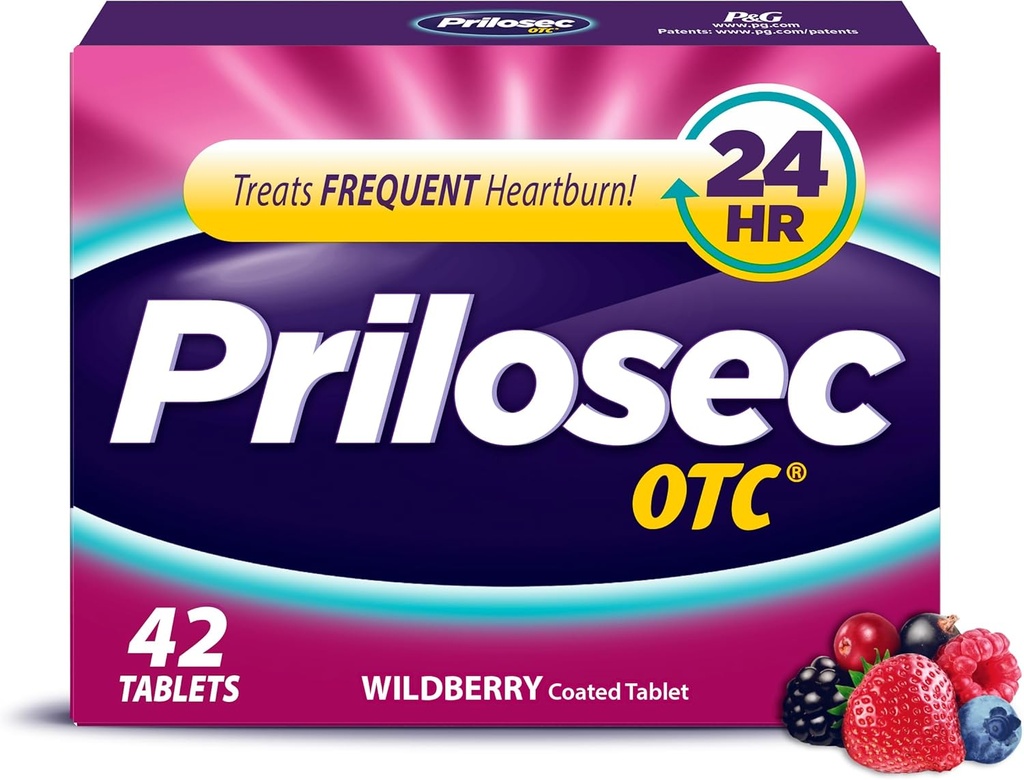 Prilosec OTC, Omeprazole Delayed Release 20mg, Acid Reducer, Treats Frequent Heartburn for 24 Hour Relief, All Day, All Night*, Heartburn Medicine, 20mg, Wildberry Flavor, 42 Tablets