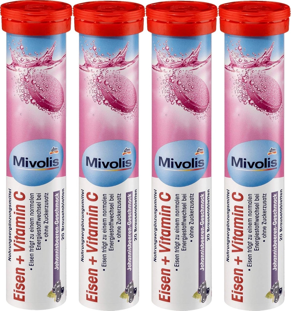 Mivolis Iron + C-vitamin brusetabletter - Kosttilskud 4 Pakninger x 20 stk