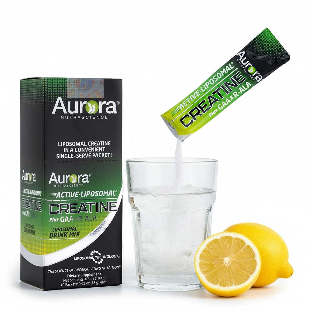 Aurora Nutrascience Liposomal Creatin + GAA & R- ALA Lemon Lime pulver drik mix, øget energi, understøtter motion ydeevne & muskelvækst for Wowen og mænd, 10 Pakker