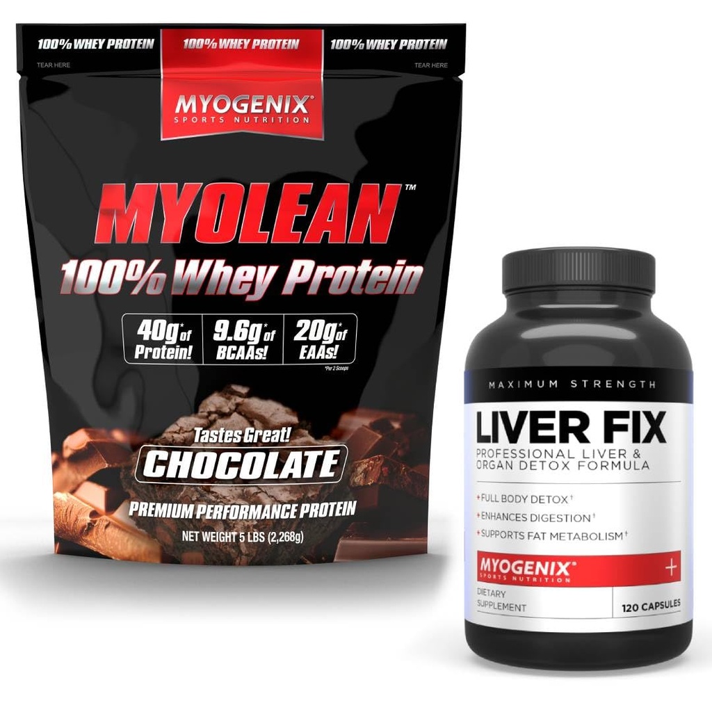 Myogenix leverstøtte Supplement & Myolean Chocolate Whey Protein - Avanceret leversundhed & muskel Inddrivelse med 40g High- Protein Whey - Support Detox, vækst og ydeevne