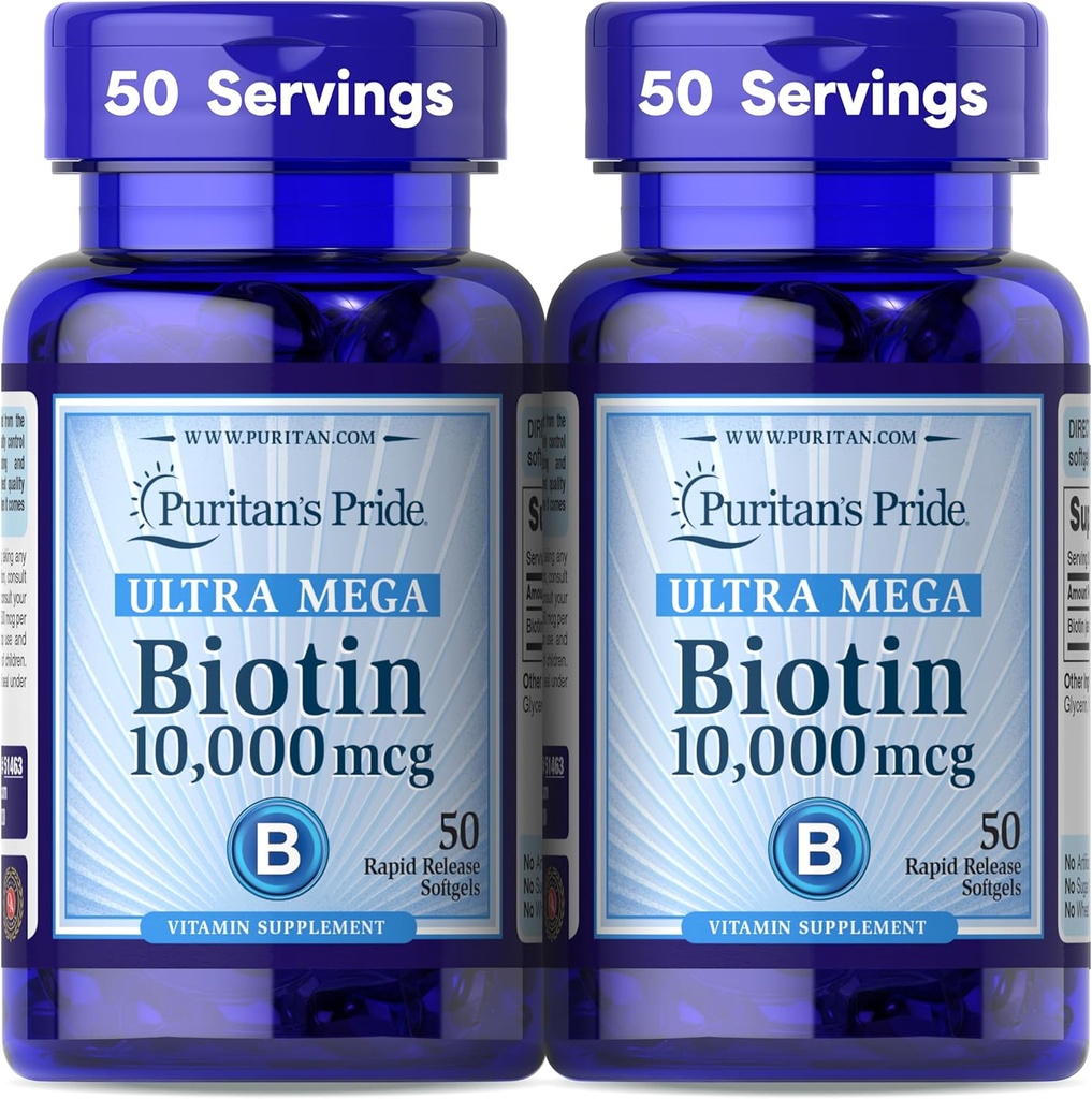 Puritans Pride Premium Ultra Mega Biotin 10,000mcg, Kosttilskud til sundt hår, hud, negle og energi Metabolisme Support, 100 dages forsyning, 50 Rapid Release Softels, 2 Pack