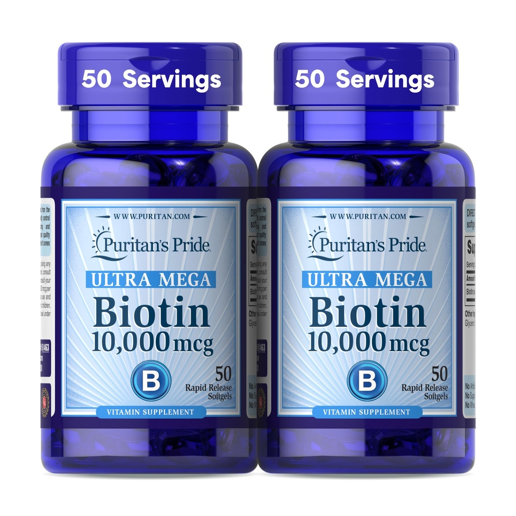 Puritans Pride Premium Ultra Mega Biotin 10,000mcg, Kosttilskud til sundt hår, hud, negle og energi Metabolisme Support, 100 dages forsyning, 50 Rapid Release Softels, 2 Pack