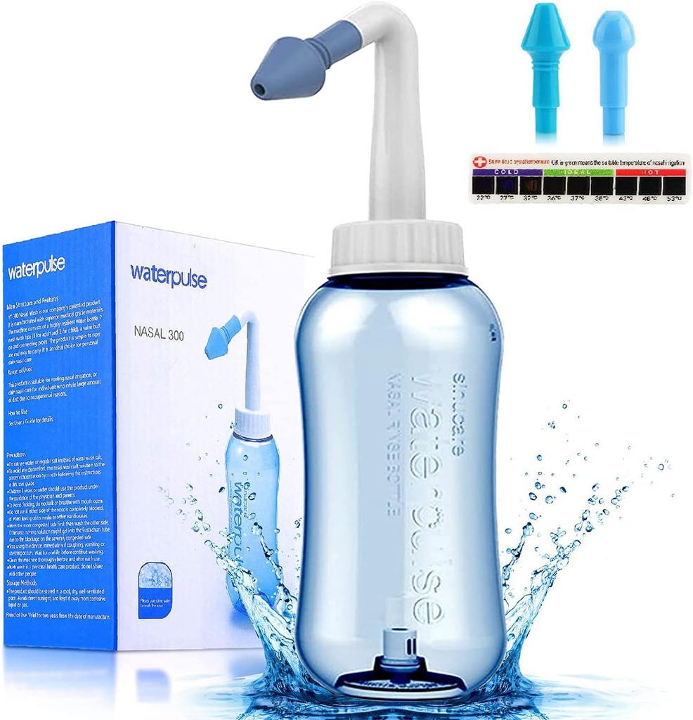 Darate Neti Pot Sinus Rinse Flaske, Næsevask Renere Trykskylning Nasal vanding for voksne & Kid BPA Gratis med Sticker Termometer (300ml)