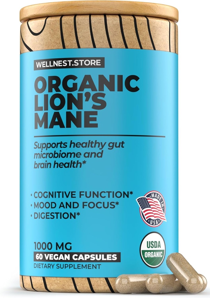 Lions Mane Mushroom Organic Supplement (Hericium Extract) 60 Veggie Caps - Immun Support Supplement; Forbedre kognitiv funktion + Promote Vitality, Beskyt Nerve celler