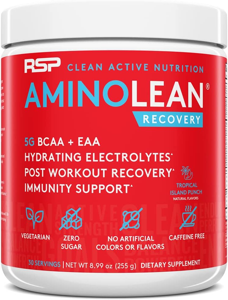 AminoLean Hydrating Electrolyte Powder and Recovery Drink with Sea Minerals, Nootrop Mushrooms, og Vegan Aminosyrer, BCAA + EAA 'er for Post Workout Muscle Building, Tropical Punch