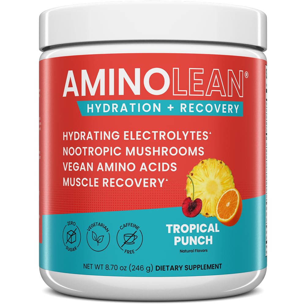 AminoLean Hydrating Electrolyte Powder and Recovery Drink with Sea Minerals, Nootrop Mushrooms, og Vegan Aminosyrer, BCAA + EAA 'er for Post Workout Muscle Building, Tropical Punch
