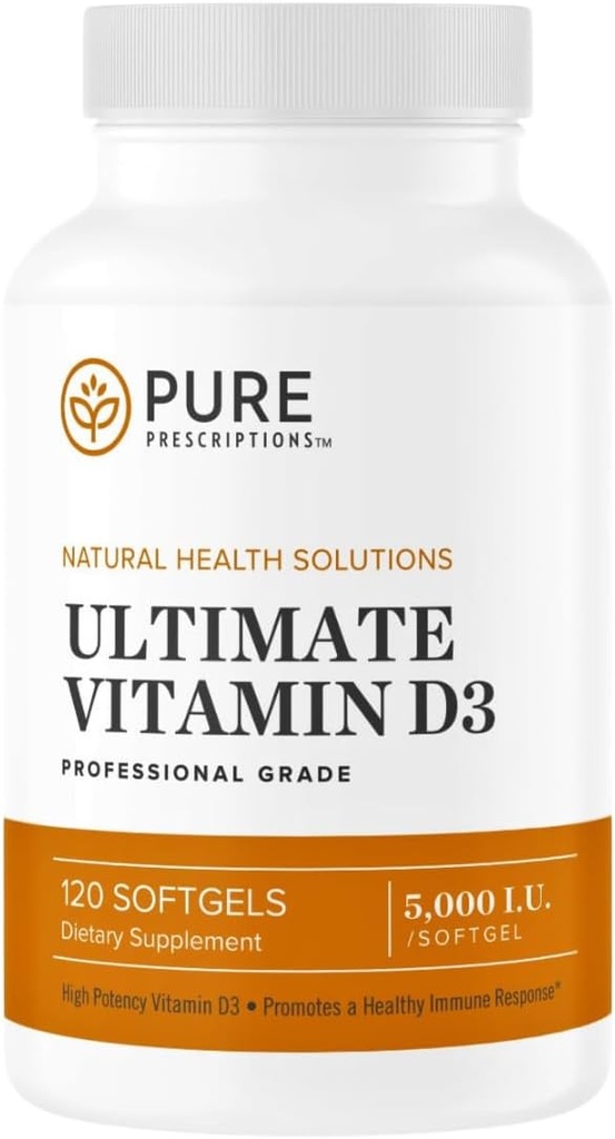 Pure recepter Ultimate Vitamin D3- 5000 IE - High Absorption Vitamin D supplement til at fremme sunde knogler med immunsystemet & cardiovaskulær support - 120 Softgels - USA Made