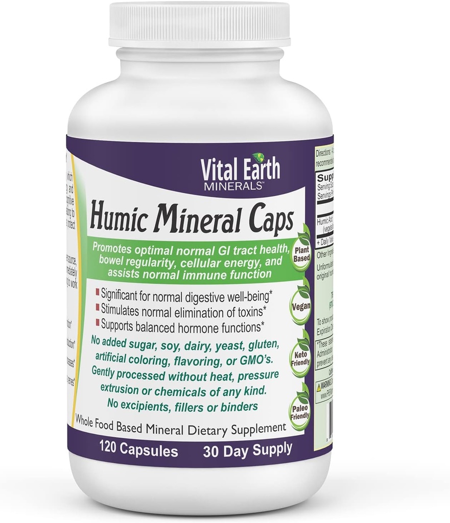 Vital Earth Minerals Humic Minerals Kapsler - 70 + Trace Minerals med naturligt occurring Fulvic Acid, Alkaliserende Mineral supplement til Detox, Gut Health, Wellness, 120 Greve