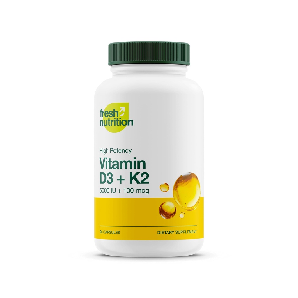 Frisk ernæring Vegan Vitamin D3 + K2 kapsler - 5000 IE D3 + 100mcg K2 som MK- 7 for Optimal Absorption - Immunforsvar, Knoglehelbred, Mood - Ikke GMO - 90 kapsler, 3 måneders forsyning