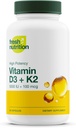 Frisk ernæring Vegan Vitamin D3 + K2 kapsler - 5000 IE D3 + 100mcg K2 som MK- 7 for Optimal Absorption - Immunforsvar, Knoglehelbred, Mood - Ikke GMO - 90 kapsler, 3 måneders forsyning