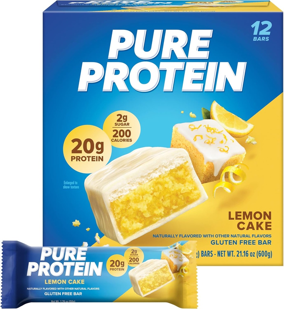 Pure Protein Bars, High Protein, Nutriøs Snacks til støtte energi, Lavsukker, Lemon Cake, 1.76 oz, 12 Greve (pakke med 1) (Packaging May Vary)