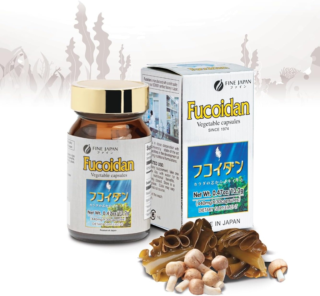 FINE JAPAN Fucoidan kapsler med Mekabu Seaweed & Agaricus Mushroom - 30 kapsler - immunsupport supplement - Made in Japan - GMP, ISO9001 Certified