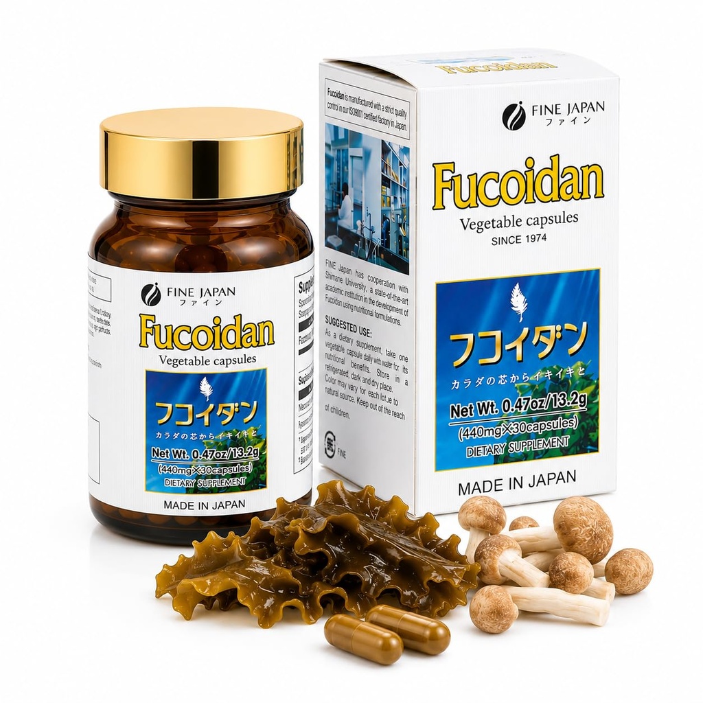 FINE JAPAN Fucoidan kapsler med Mekabu Seaweed & Agaricus Mushroom - 30 kapsler - immunsupport supplement - Made in Japan - GMP, ISO9001 Certified