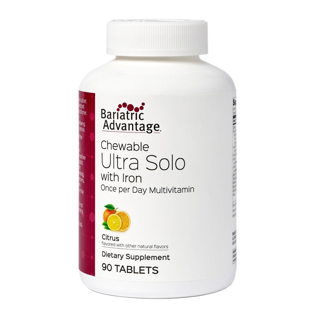 Bariatric Advantage Chewable Ultra Solo med jern - Once- Per- Day Daglig Multivitamin - for patienter - med thiamin, vitamin A & mere - Gluten Free - Citrus - 90 tabletter
